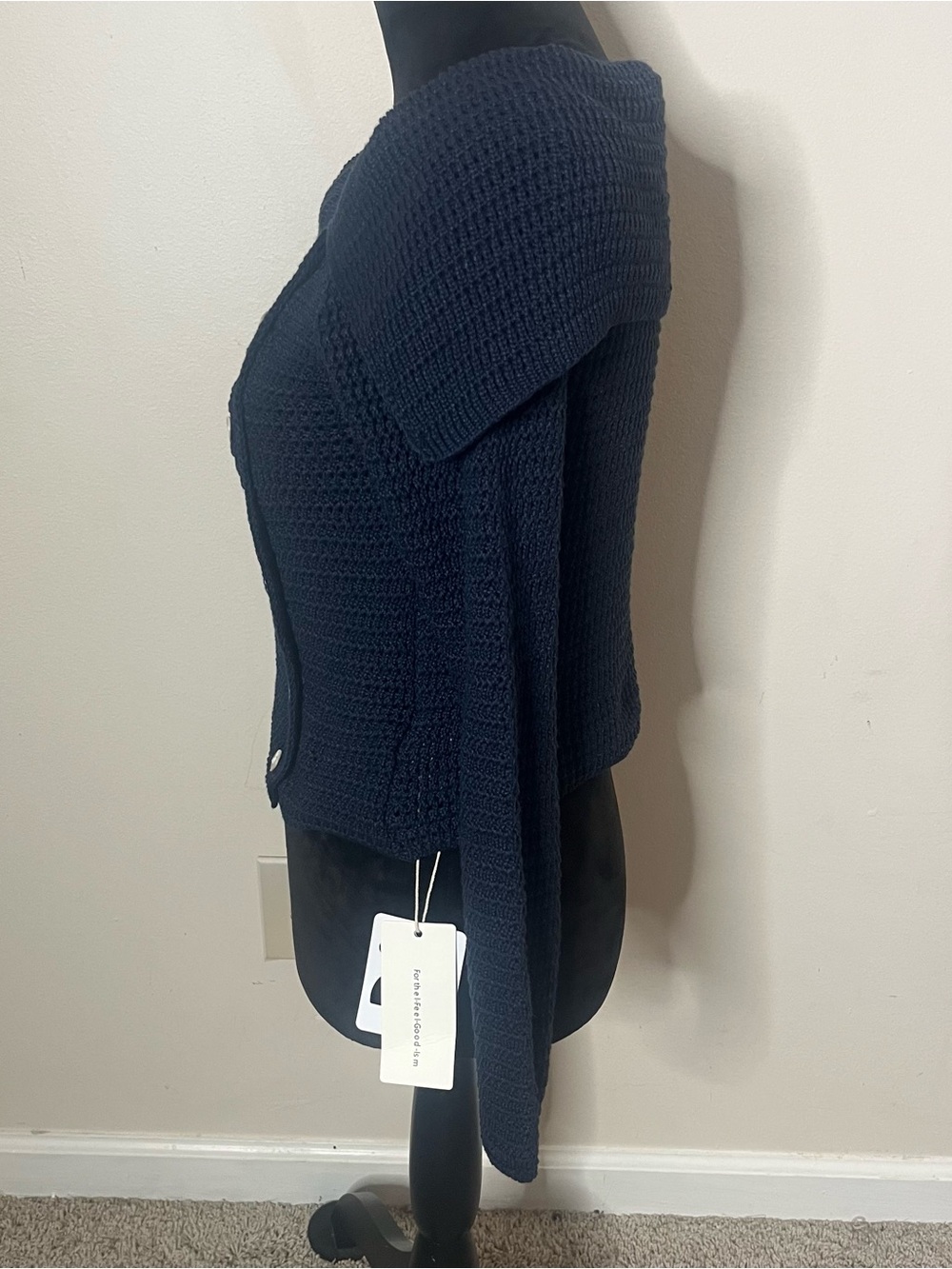 Commense Navy Off-the-Shoulder Diagonal Button Folded Collar Knit Sweater S~NWT - Picture 5 of 12